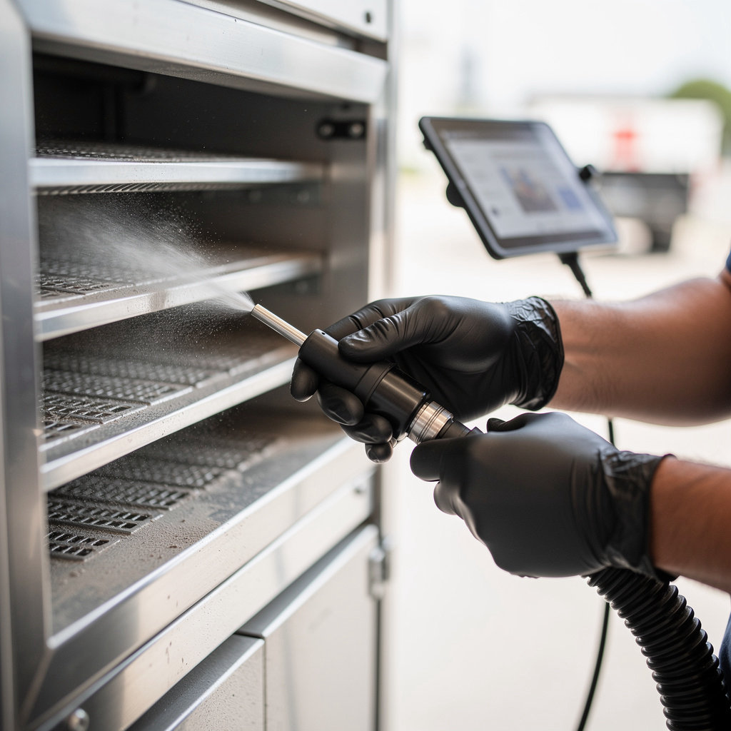 Semi Air Duct Cleaning San Diego technician inspecting commercial vehicle air duct system in San Diego